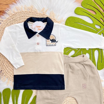 Conj. Camisa Dino Adventurer Gola Polo e Calça de Moletinho - Areia e Off White